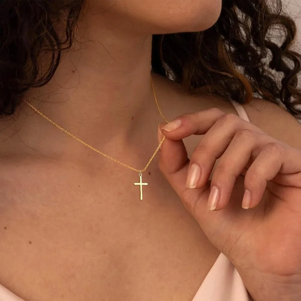 Women 04 Simple Cross Gold 14K Gold Silver Cross Necklace - Non Tarnish Jewelry - Picture 3 of 8